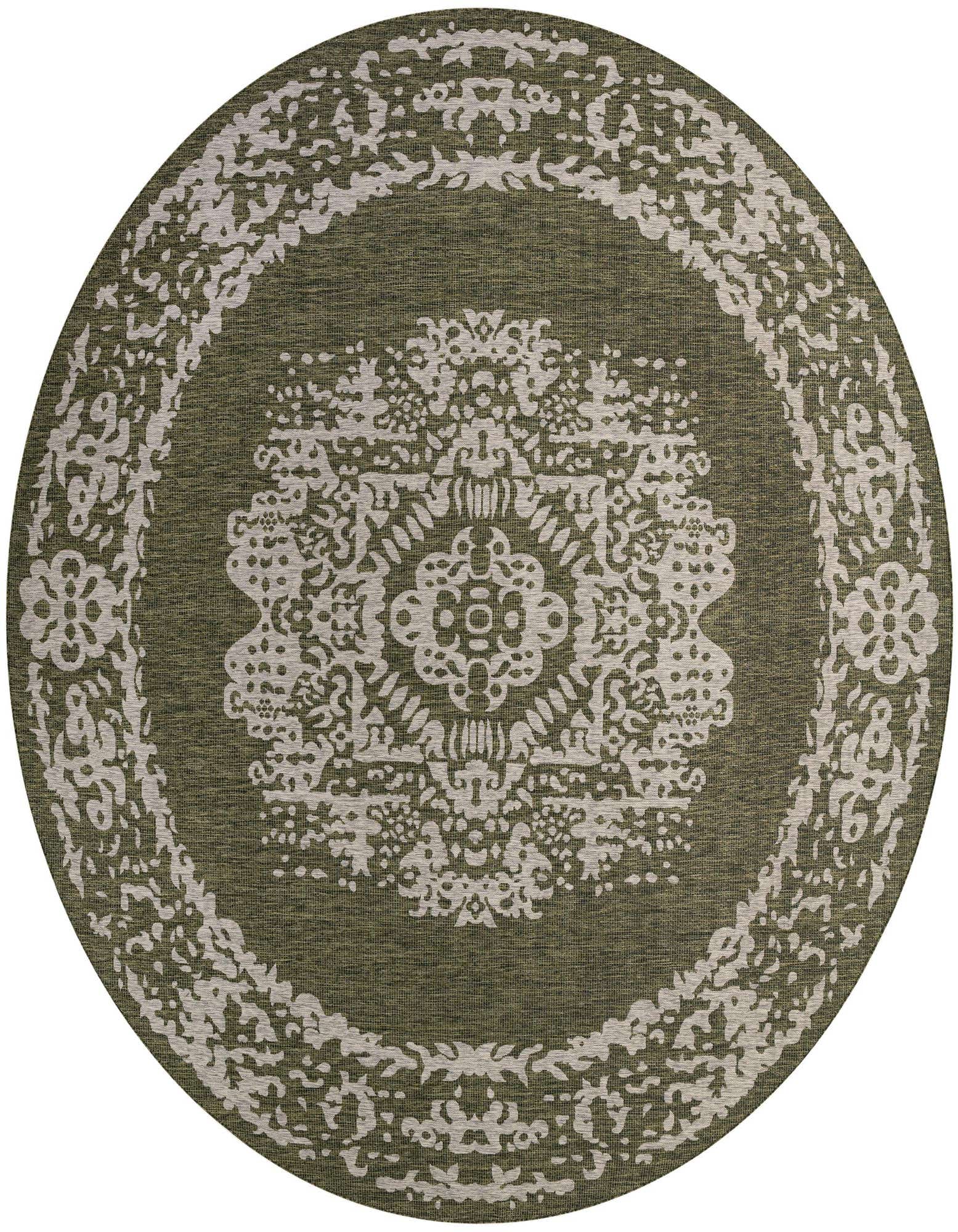 A 13-foot round green indoor/outdoor rug with an off-white vintage medallion and border pattern.