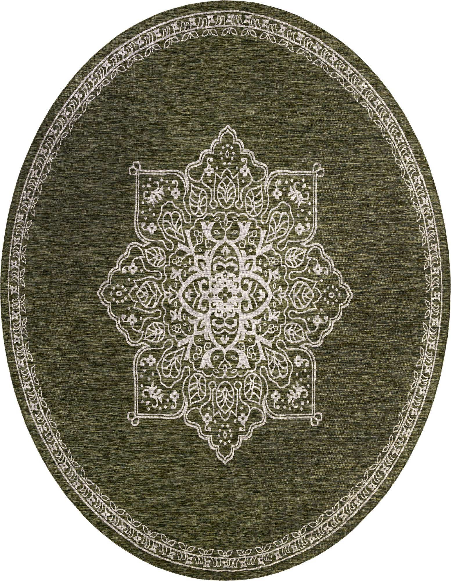 A 13-foot round green indoor/outdoor rug with a white traditional medallion pattern and border.