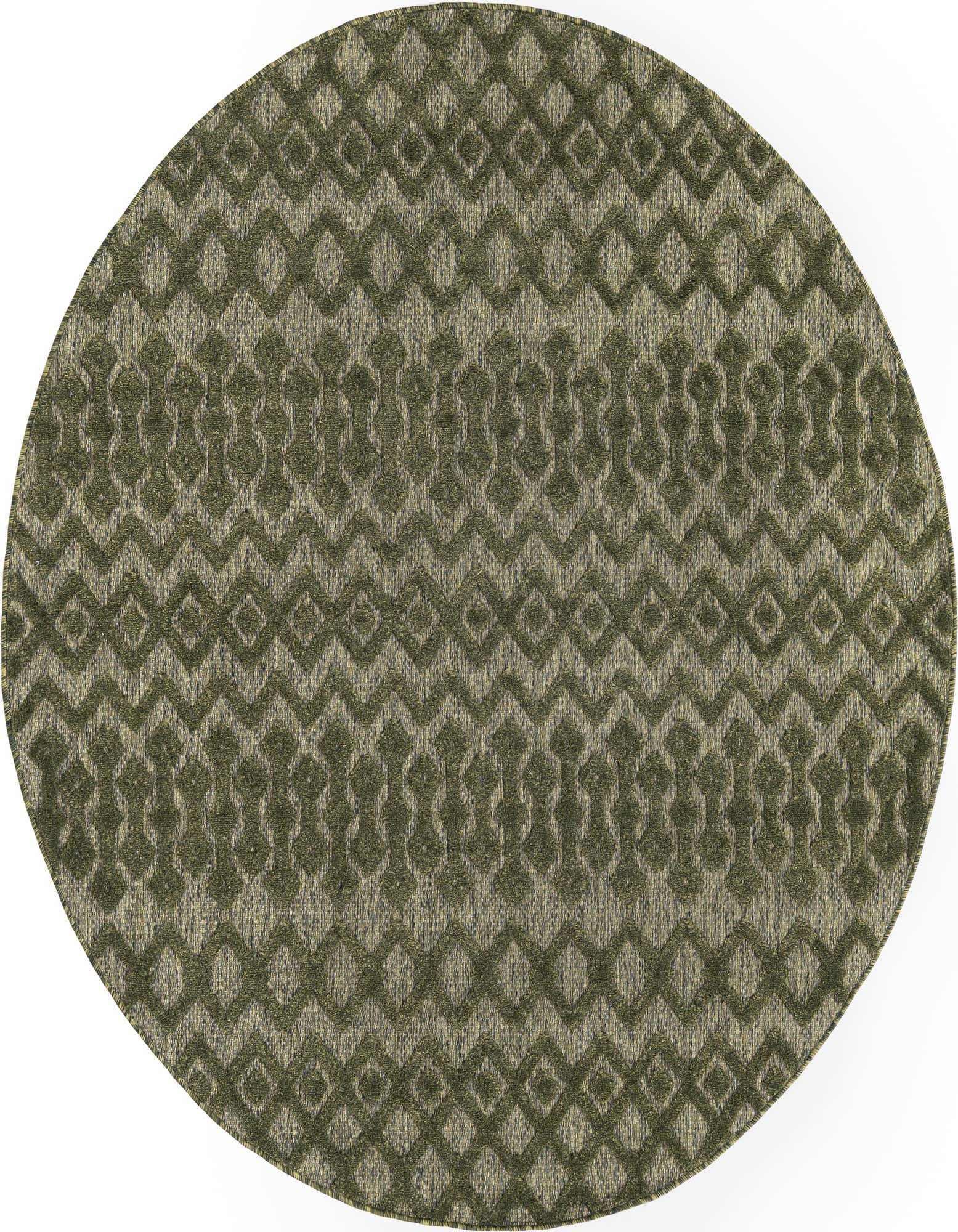 A 7' round green indoor/outdoor rug with a textured tribal trellis pattern, ideal for a patio or living space.