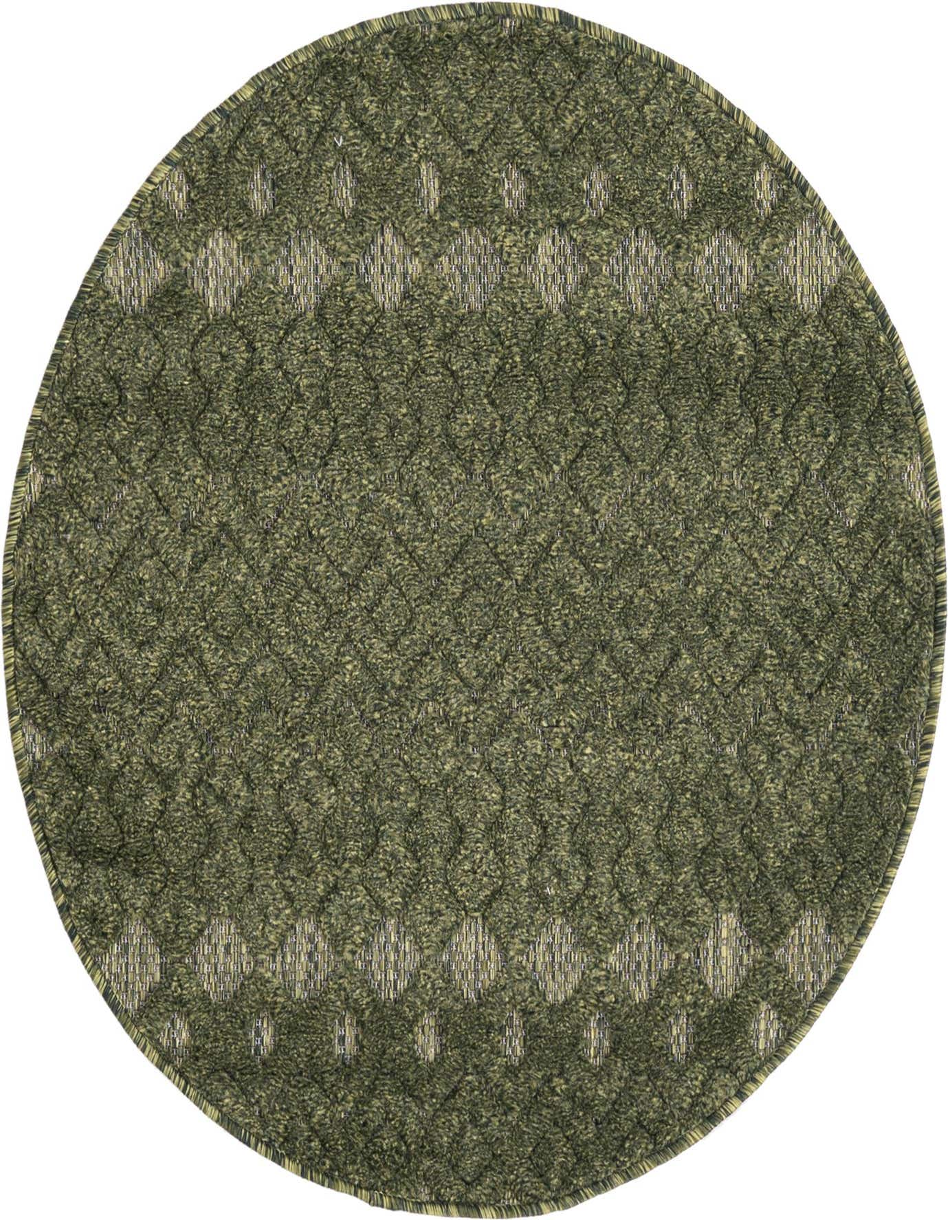 A 3' 0 x 3' 0 round green tribal trellis rug with a textured high/low pile, suitable for indoor or outdoor use.