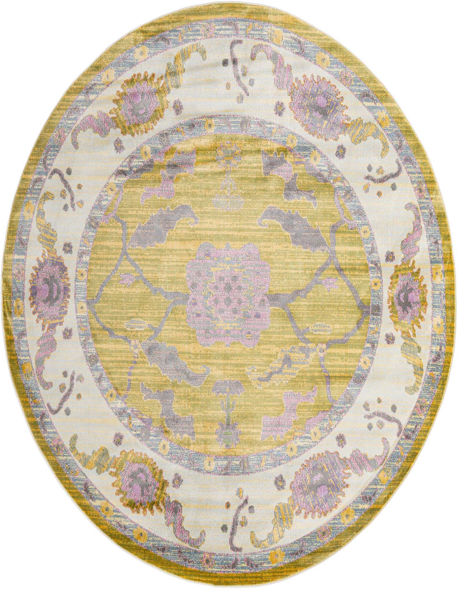 A round green traditional rug with a central medallion and floral motifs in pink, purple, and yellow.