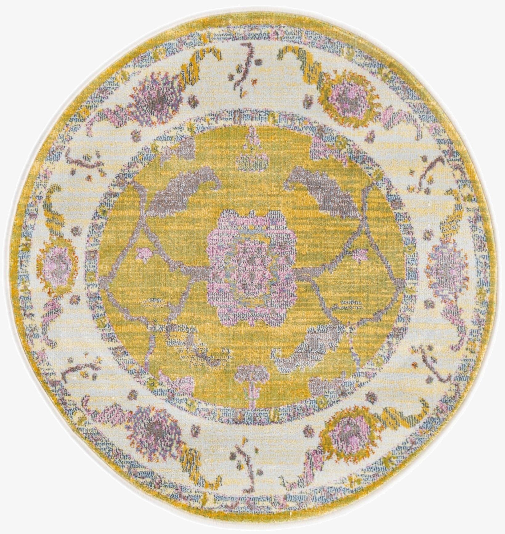 A 3' 3 x 3' 3 round green and ivory traditional rug with a central medallion and floral motifs.