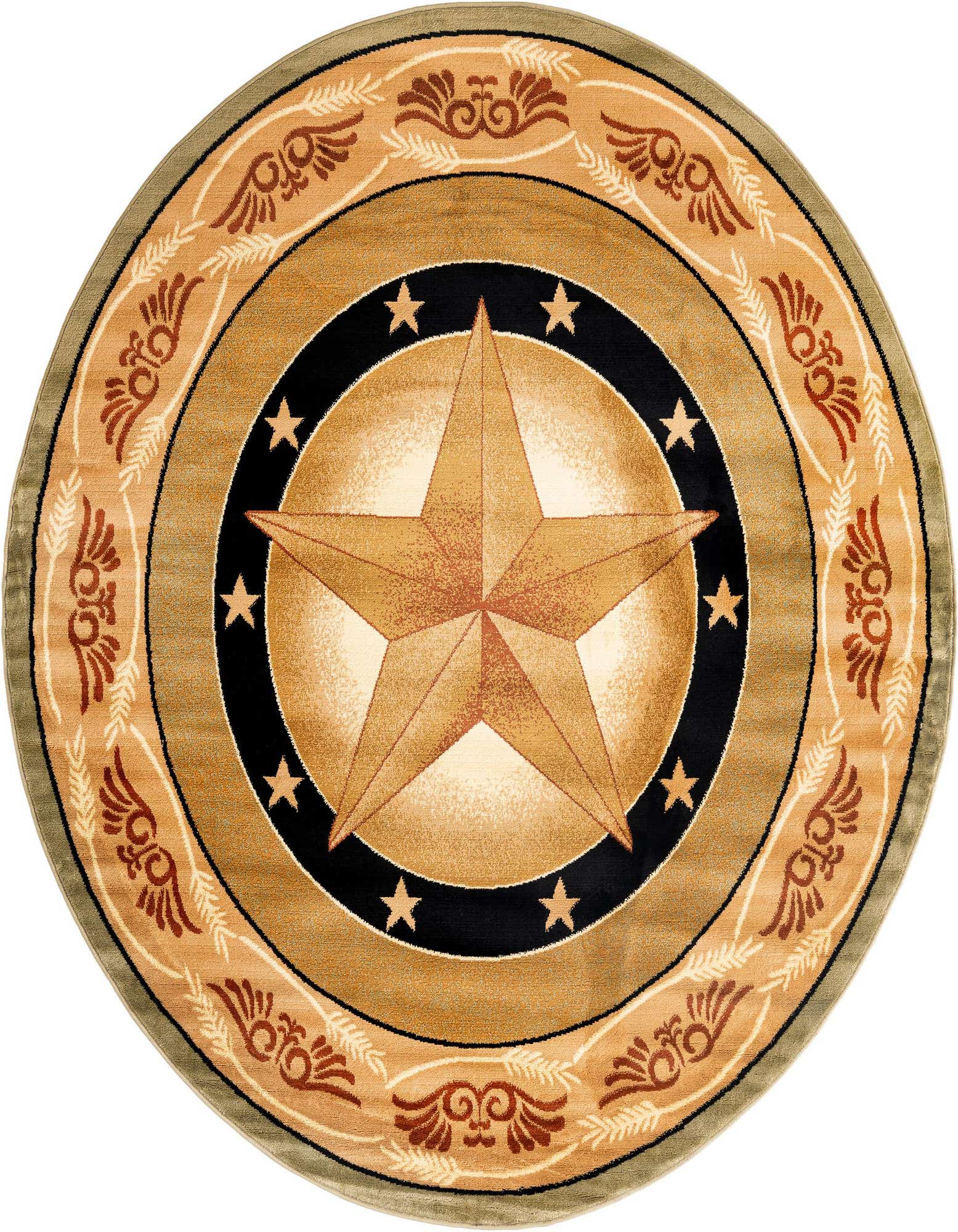 A round green and tan rustic rug featuring a large central star medallion and a decorative border.