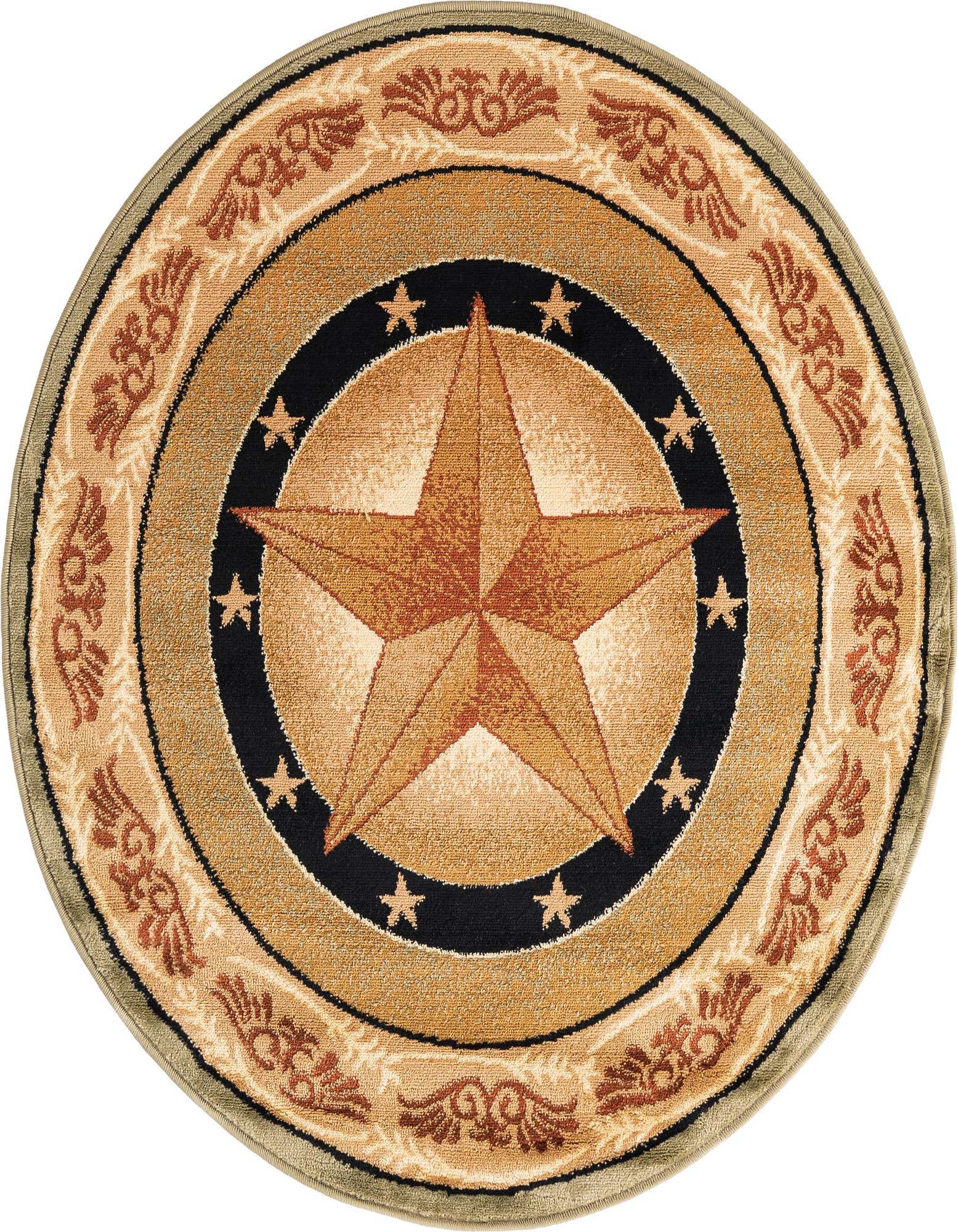 A round green and tan rug featuring a large central rustic star medallion with smaller stars and a decorative border.