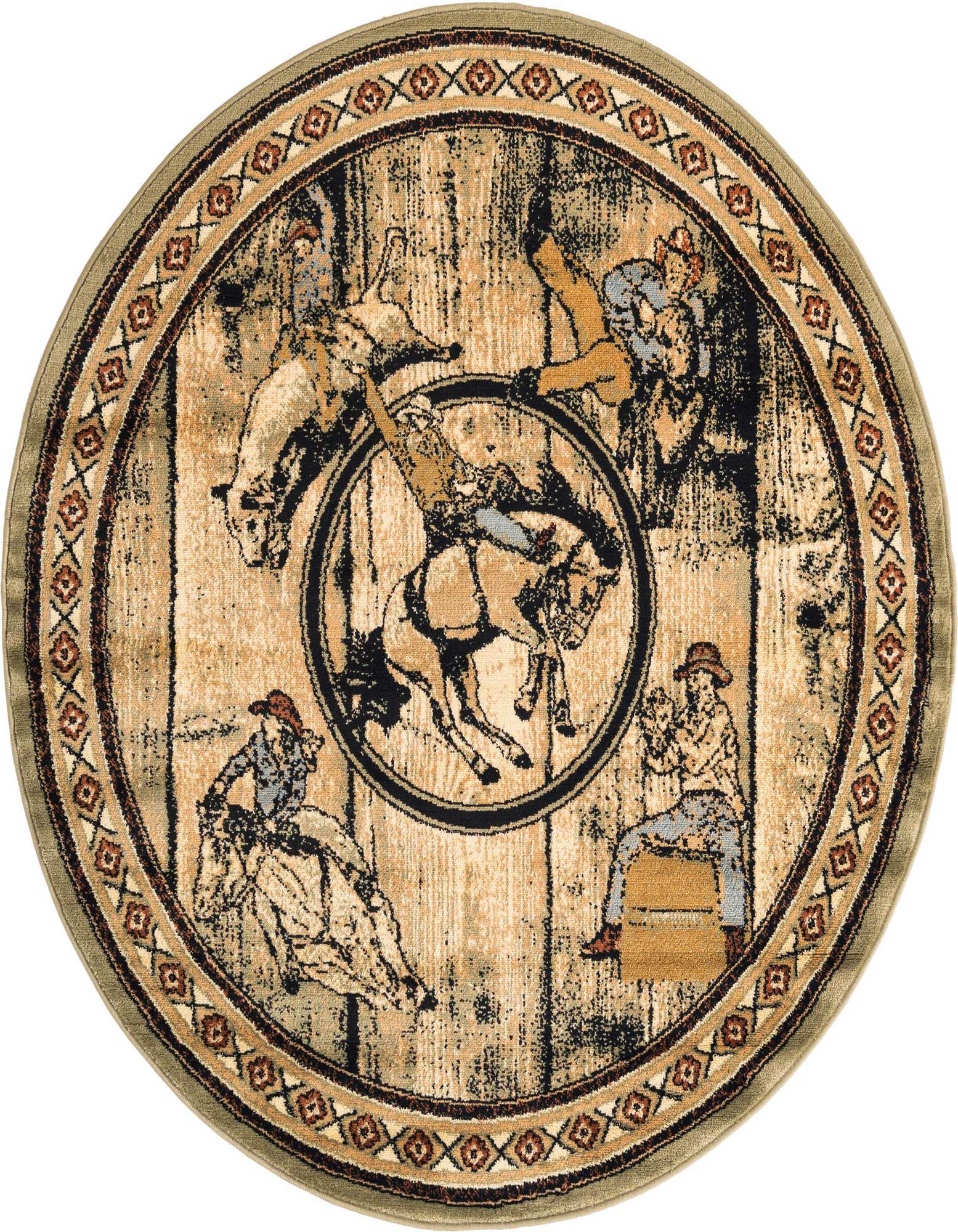 Round Pioneer rug with a distressed wood-like background, featuring rodeo scenes with cowboys and horses, bordered by a southwestern pattern.