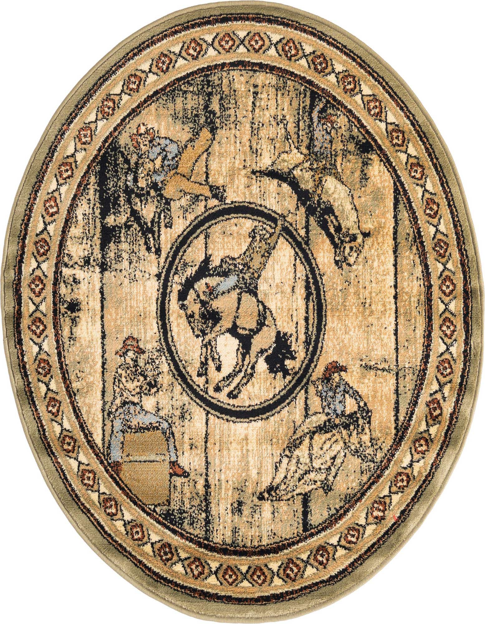 A round green rug with a central rodeo scene featuring bucking broncos and cowboys, surrounded by a patterned border.