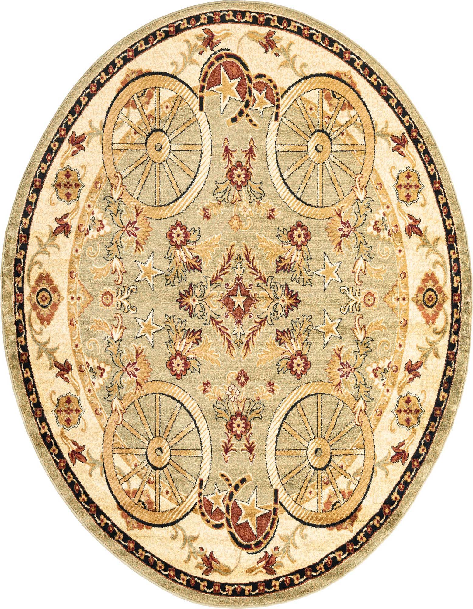 A round green rustic rug with a medallion pattern, featuring wagon wheels, horseshoes, and stars.