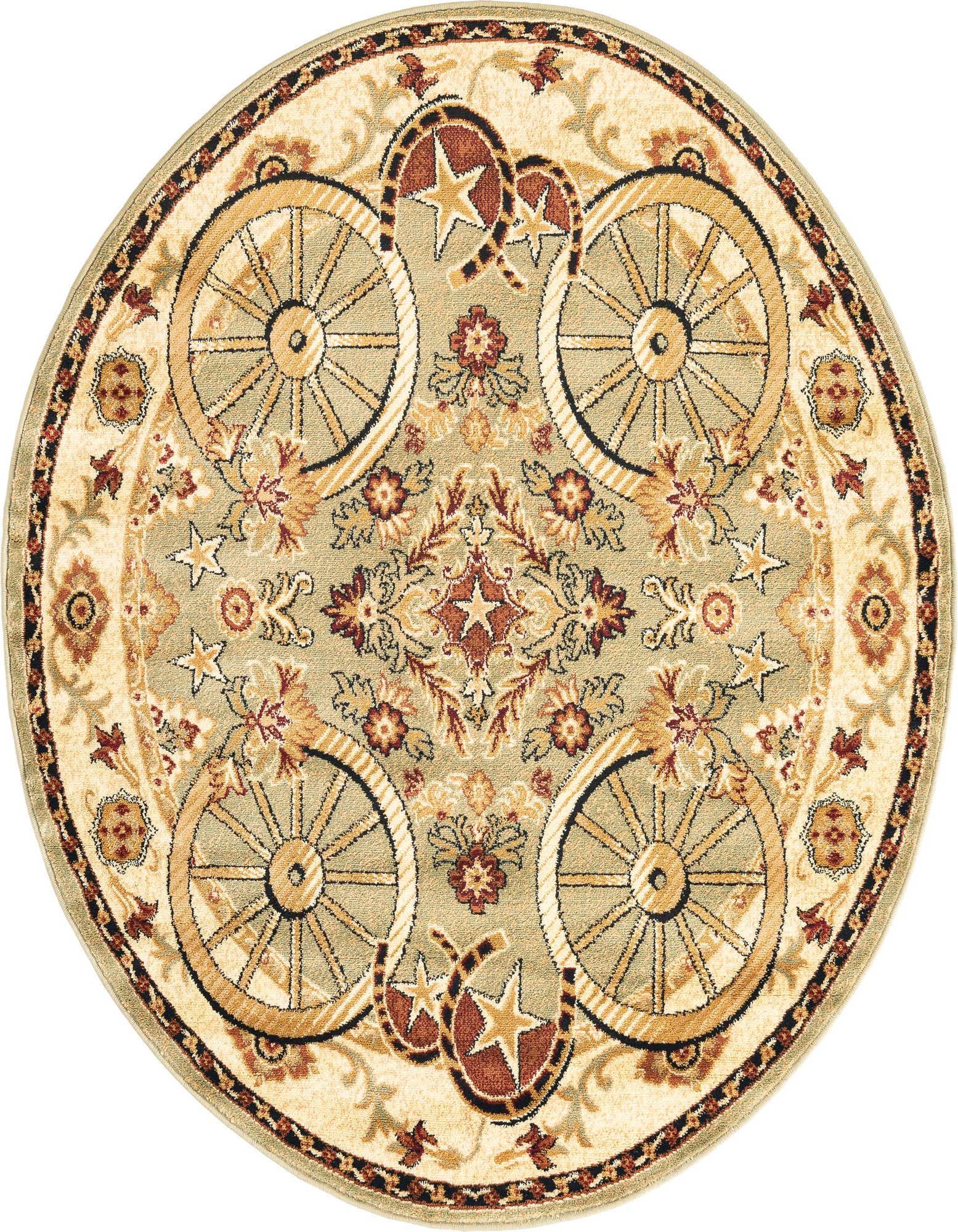 A round 5' 3" green rug featuring a rustic medallion design with wagon wheels, horseshoes, and stars.