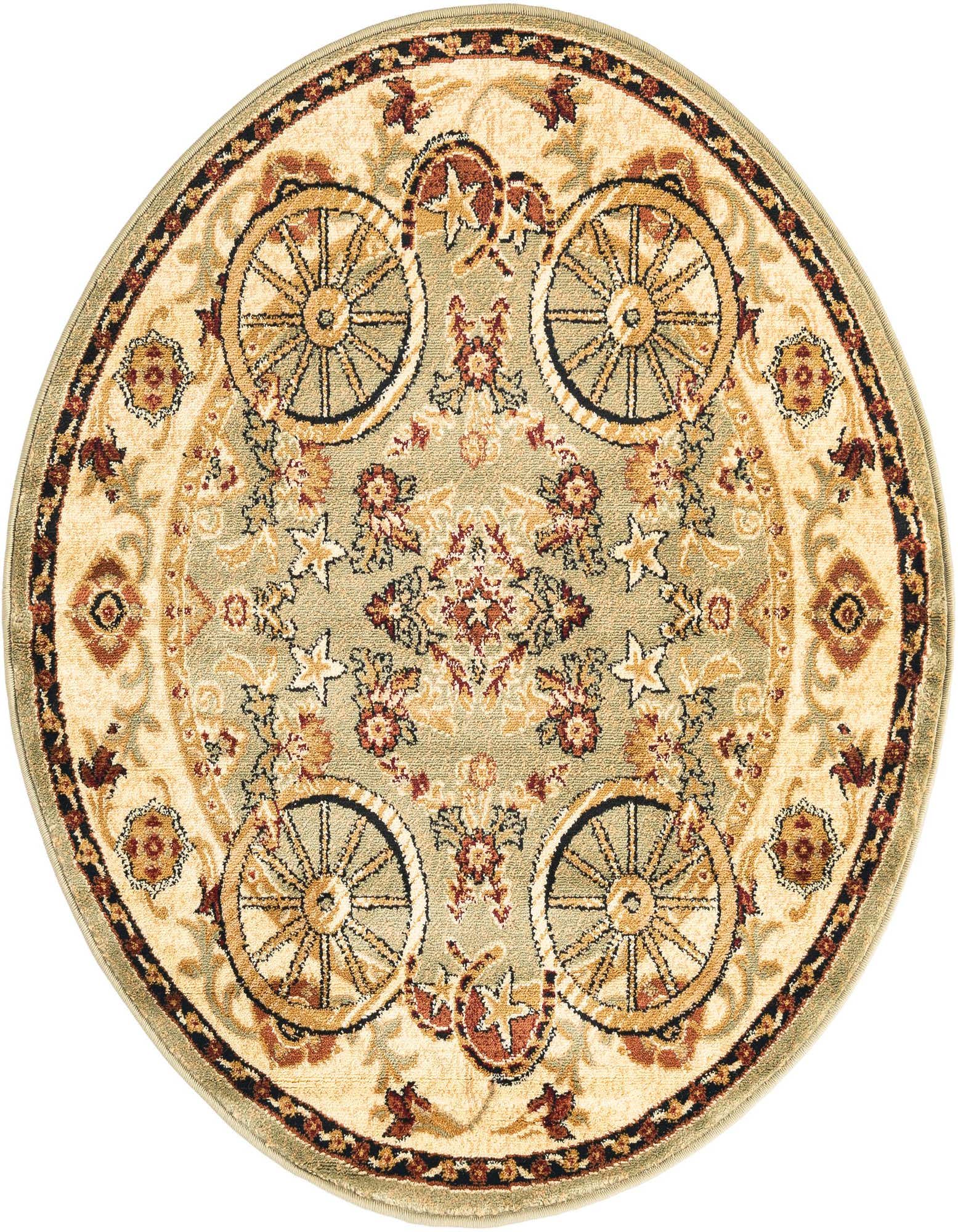 A 4' round Pioneer collection rug with a rustic medallion pattern in greens, creams, and browns, featuring wagon wheels.