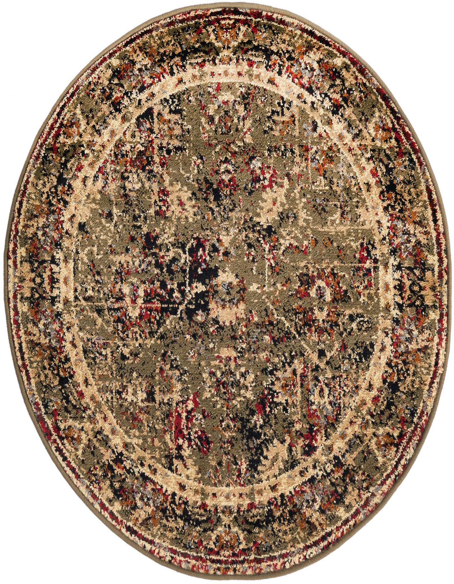 A 3' round green rug with a traditional, distressed floral and tribal pattern in black, red, and beige.