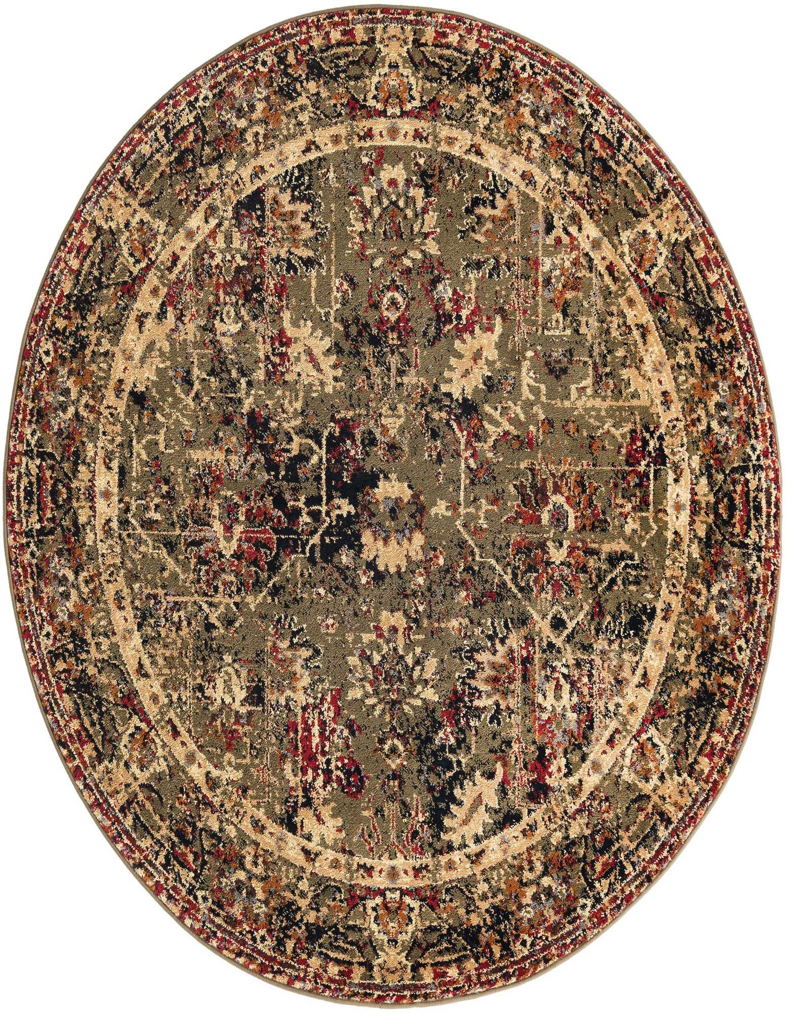 A 5' 3 round green area rug with a distressed traditional floral and tribal pattern in red, black, and beige.