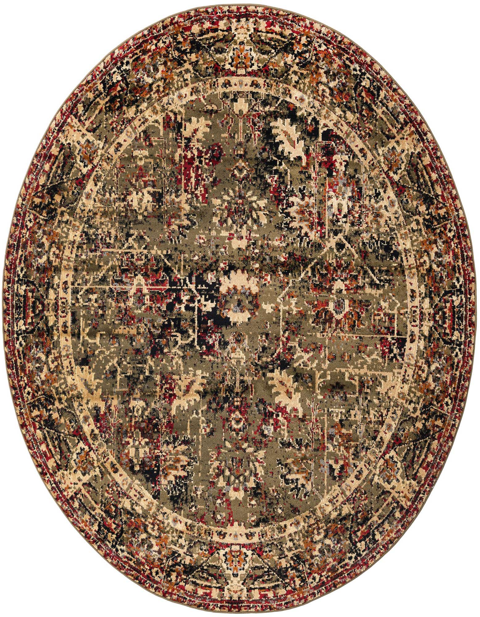 A 7' 10 round green rug with a distressed traditional floral and tribal pattern in red, black, and beige.