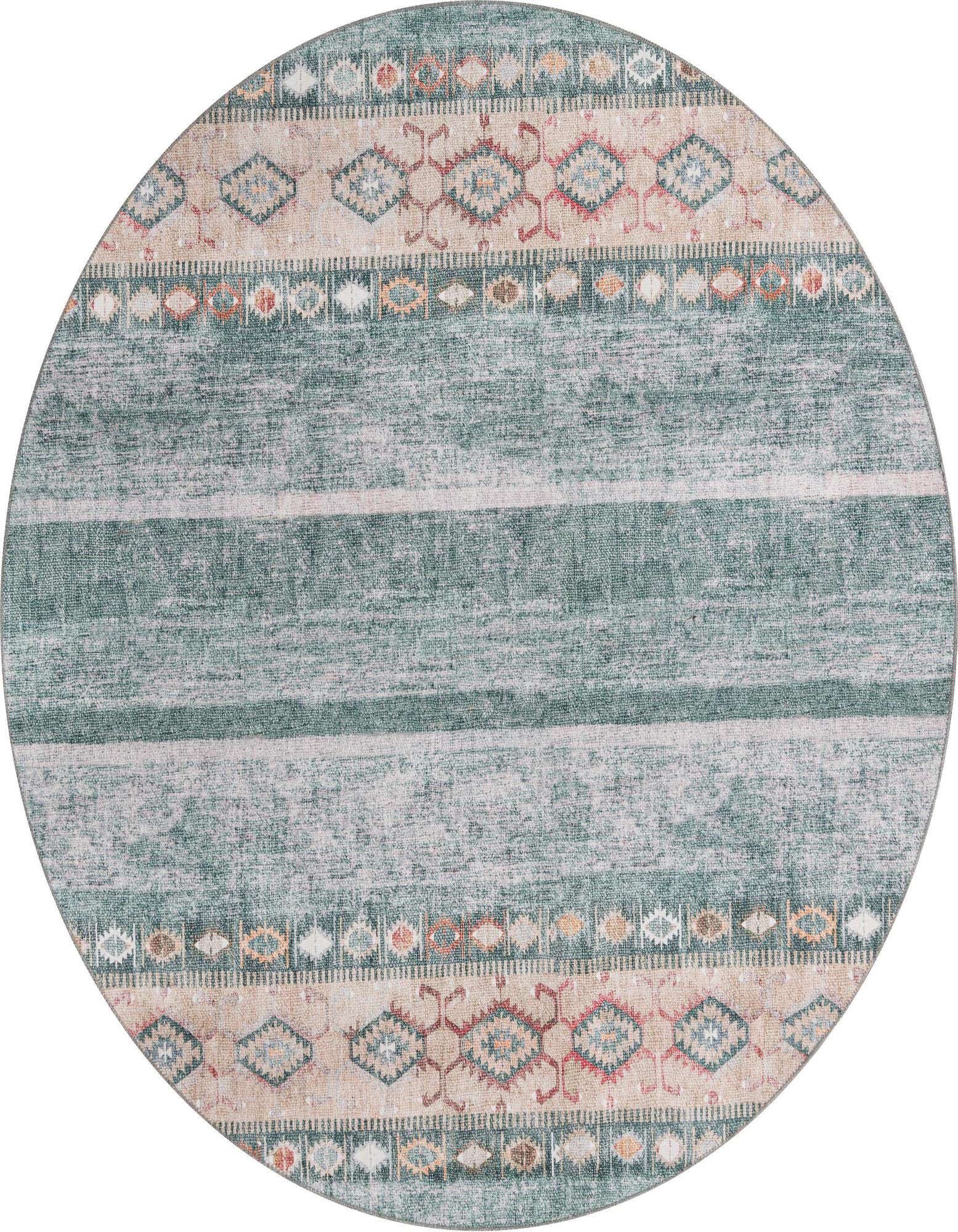 A round green and beige transitional rug with tribal patterns and stripes, suitable for various indoor spaces.