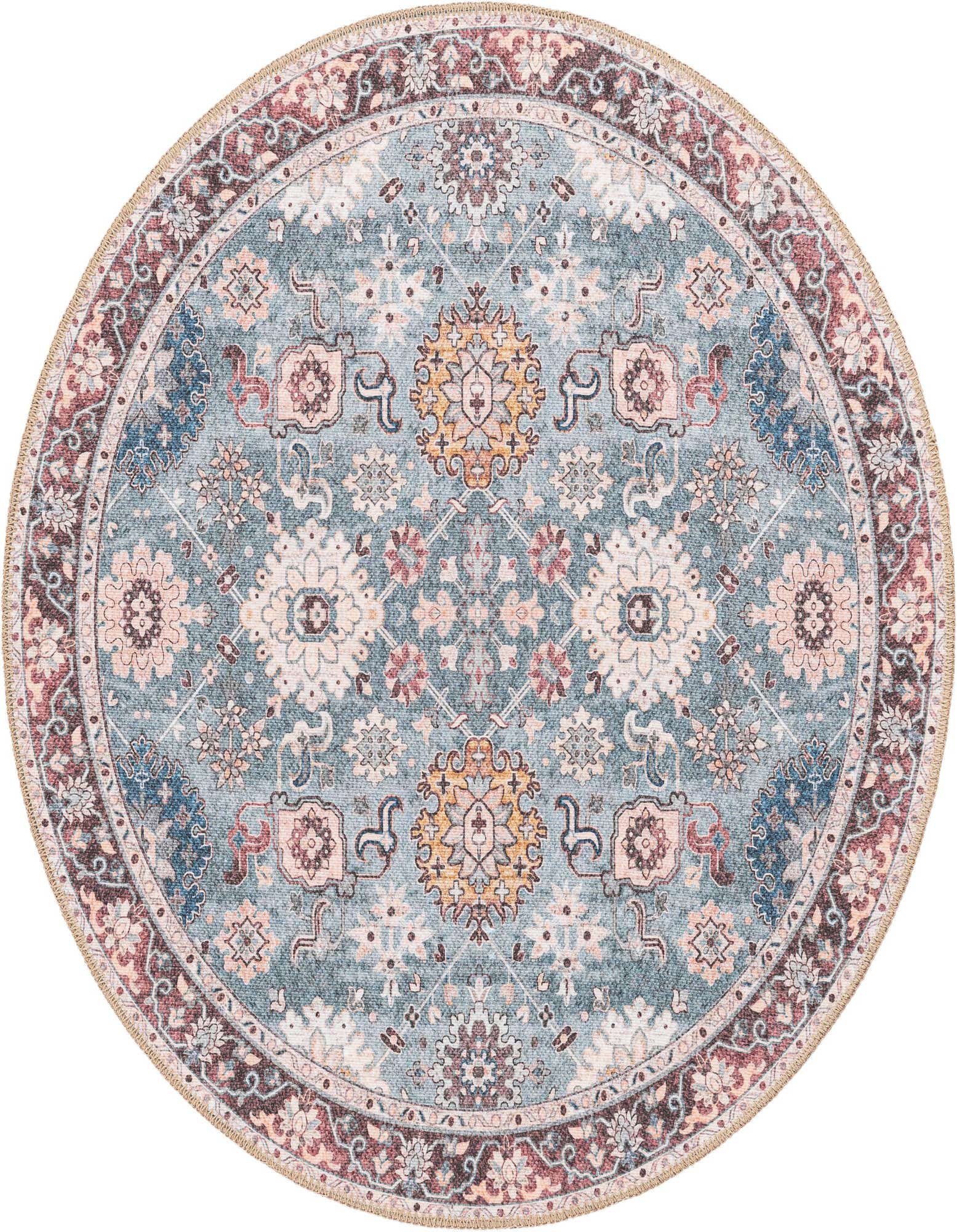 A 3' 6 x 3' 6 round green rug with a traditional Oriental medallion pattern in shades of blue, pink, and gold.