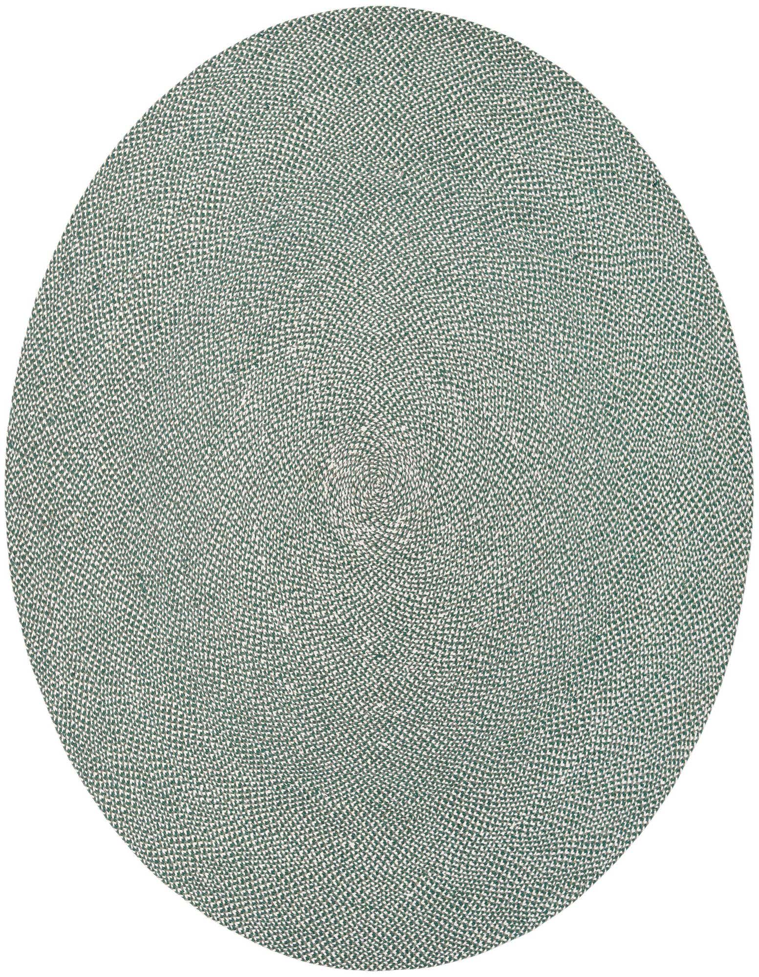 A 10-foot round braided jute rug in shades of green, featuring a modern, textured design.
