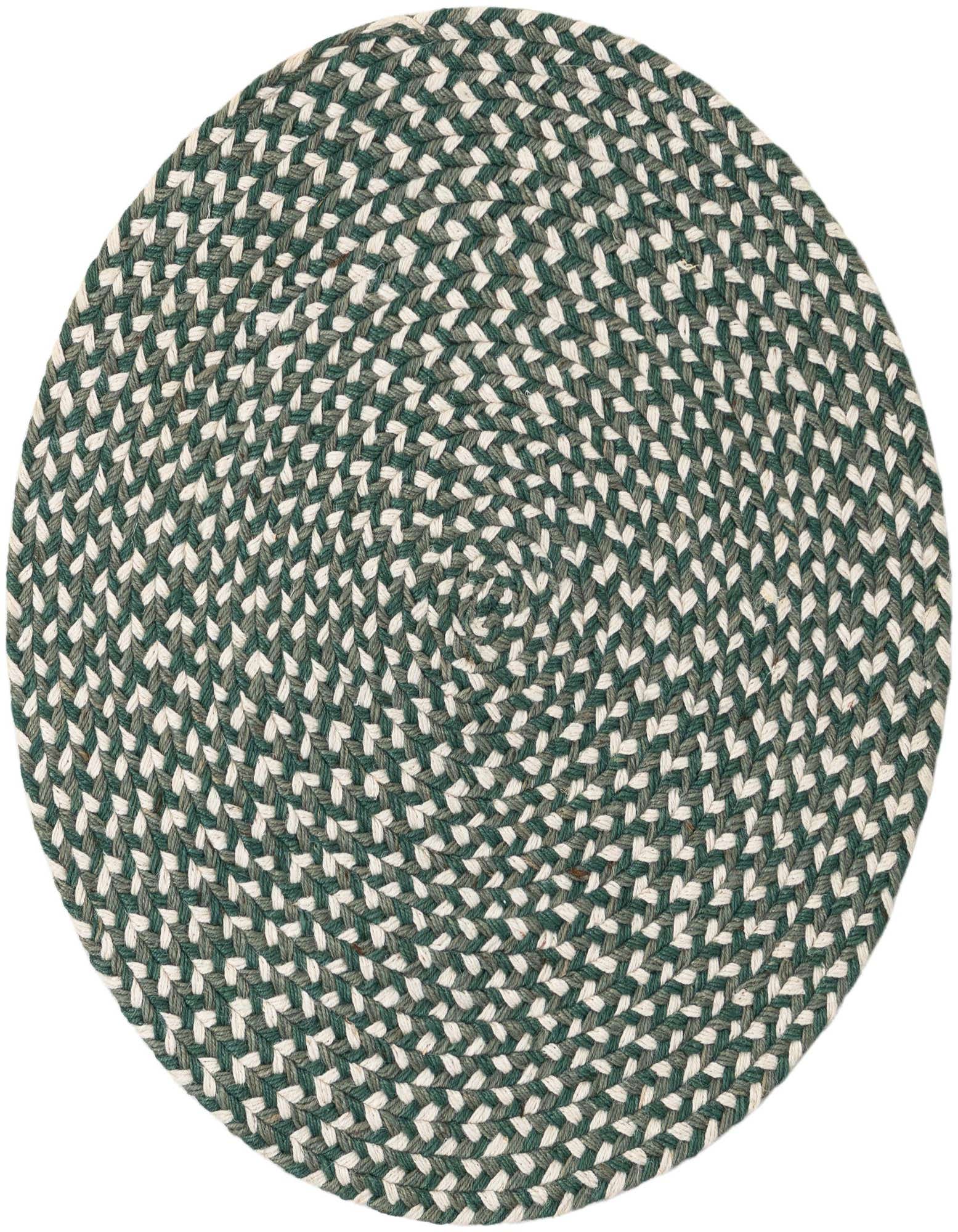 A 2' round braided jute rug in varying shades of green and off-white, featuring a spiraling pattern.