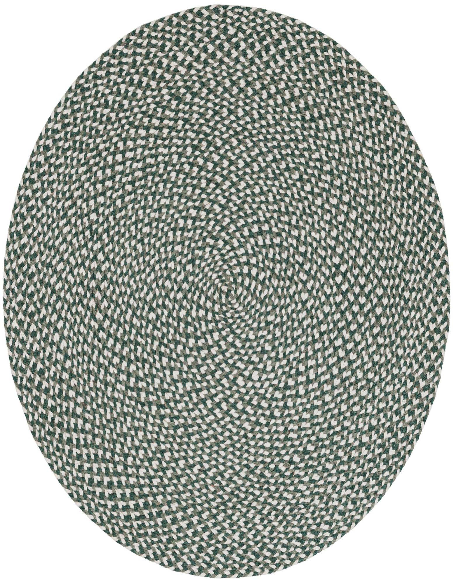 A 3' 1 round braided jute rug in shades of green and white, featuring a modern abstract pattern.