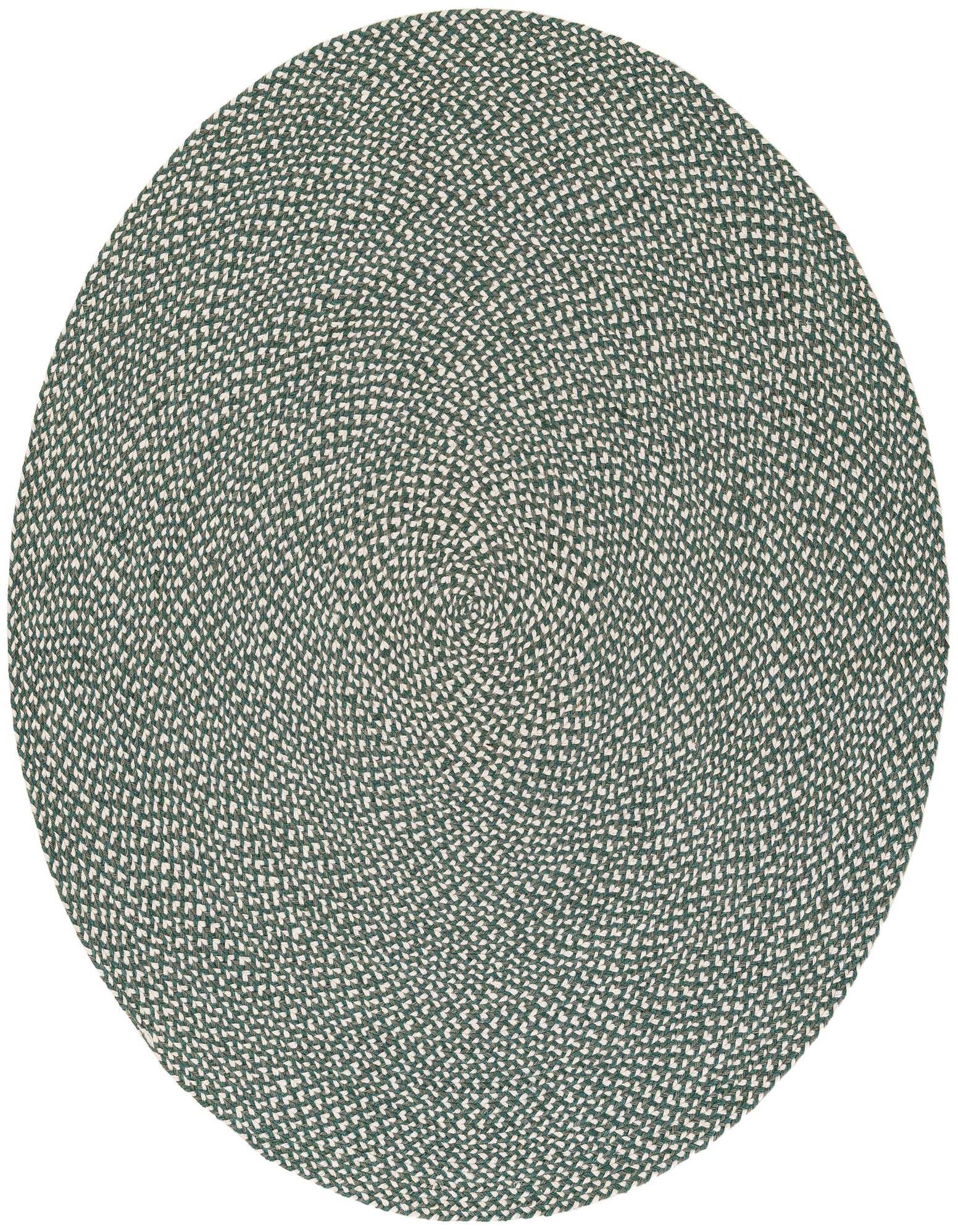 A 5' 1 round green braided jute rug, handmade with a textured, medium pile, suitable for indoor use.
