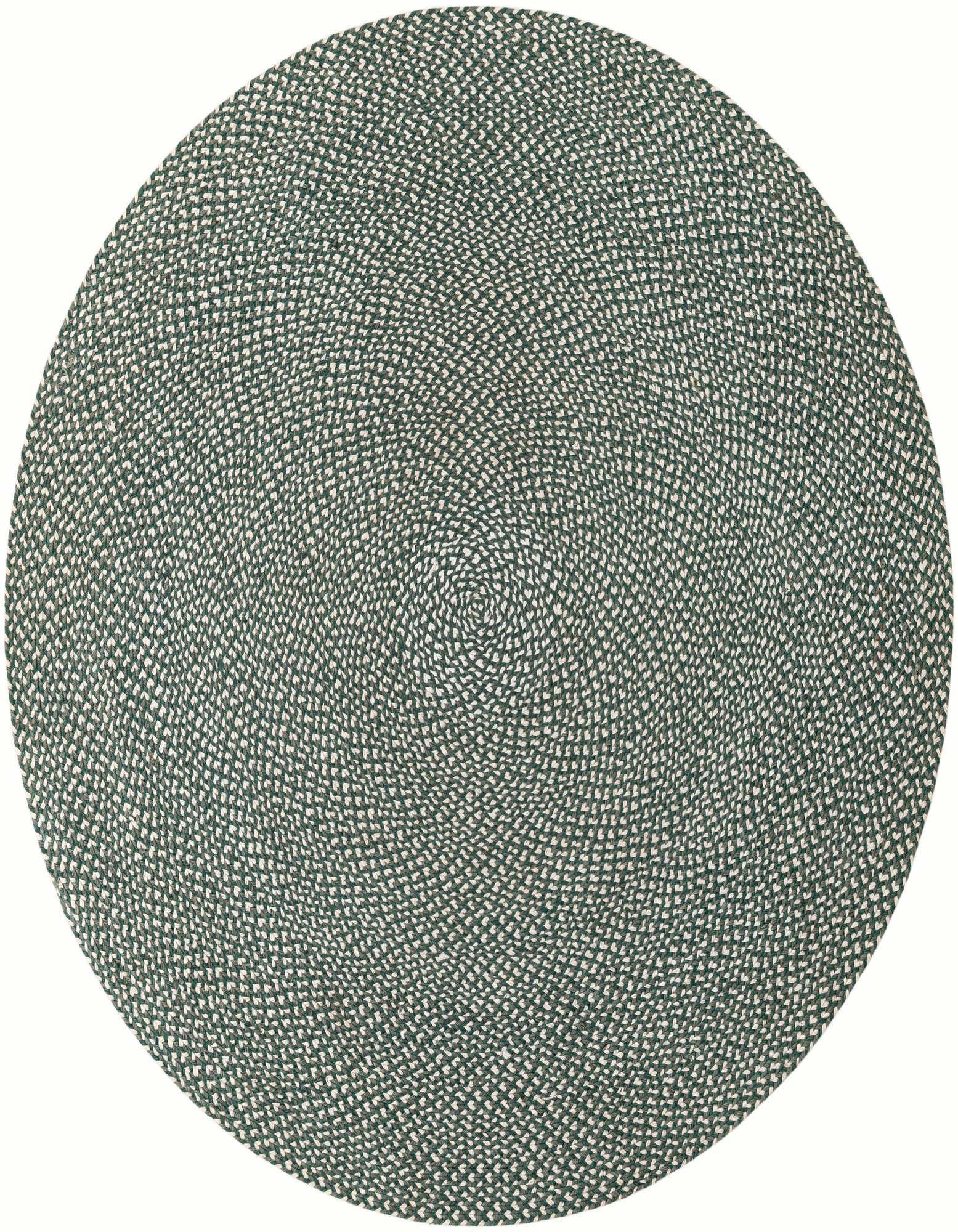 A 6' 1 x 6' 1 round green and off-white braided jute rug with a modern, textured pattern.