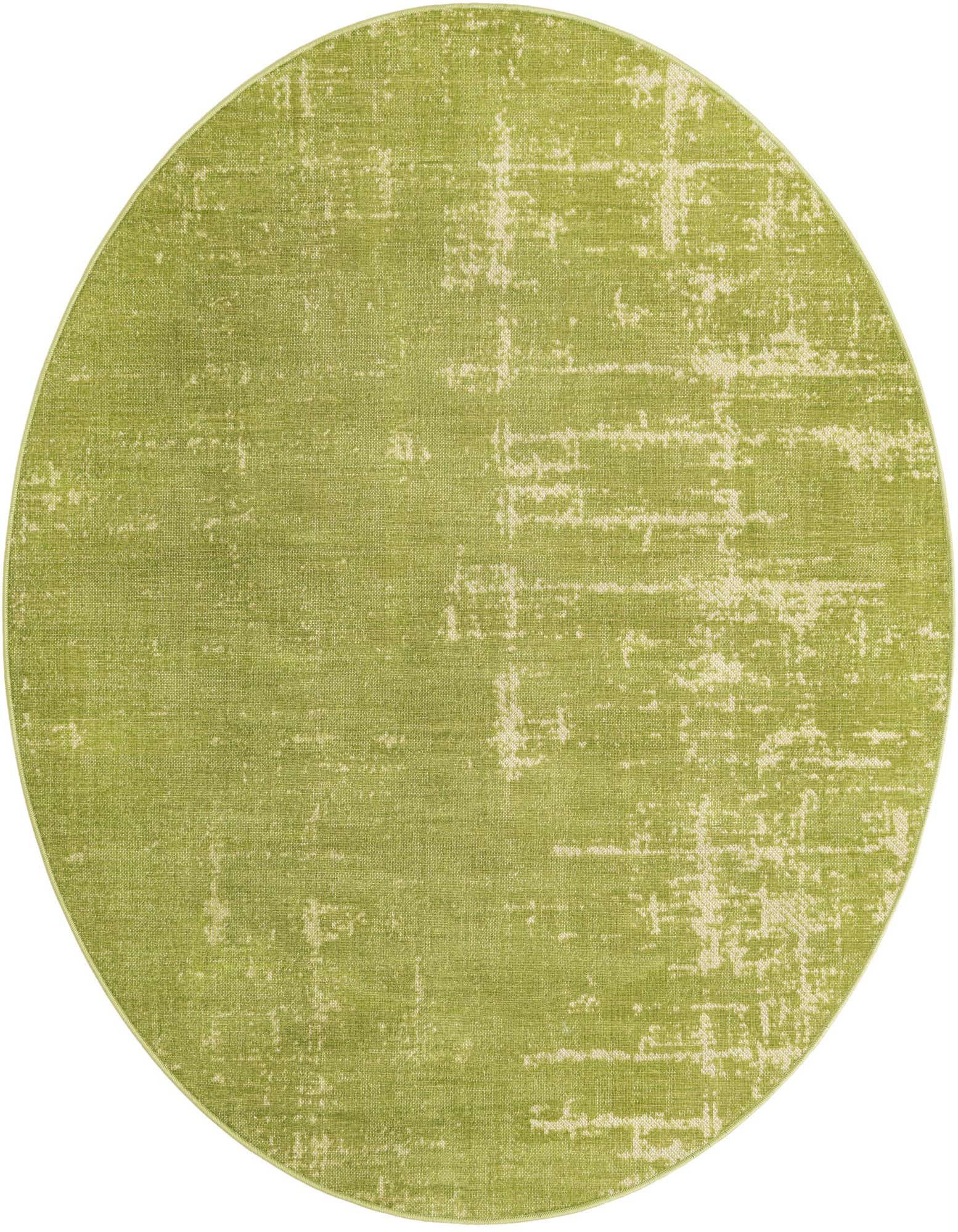 A 6' 1 x 6' 1 round green modern area rug with a distressed, abstract pattern in lighter green tones, suitable for a patio.