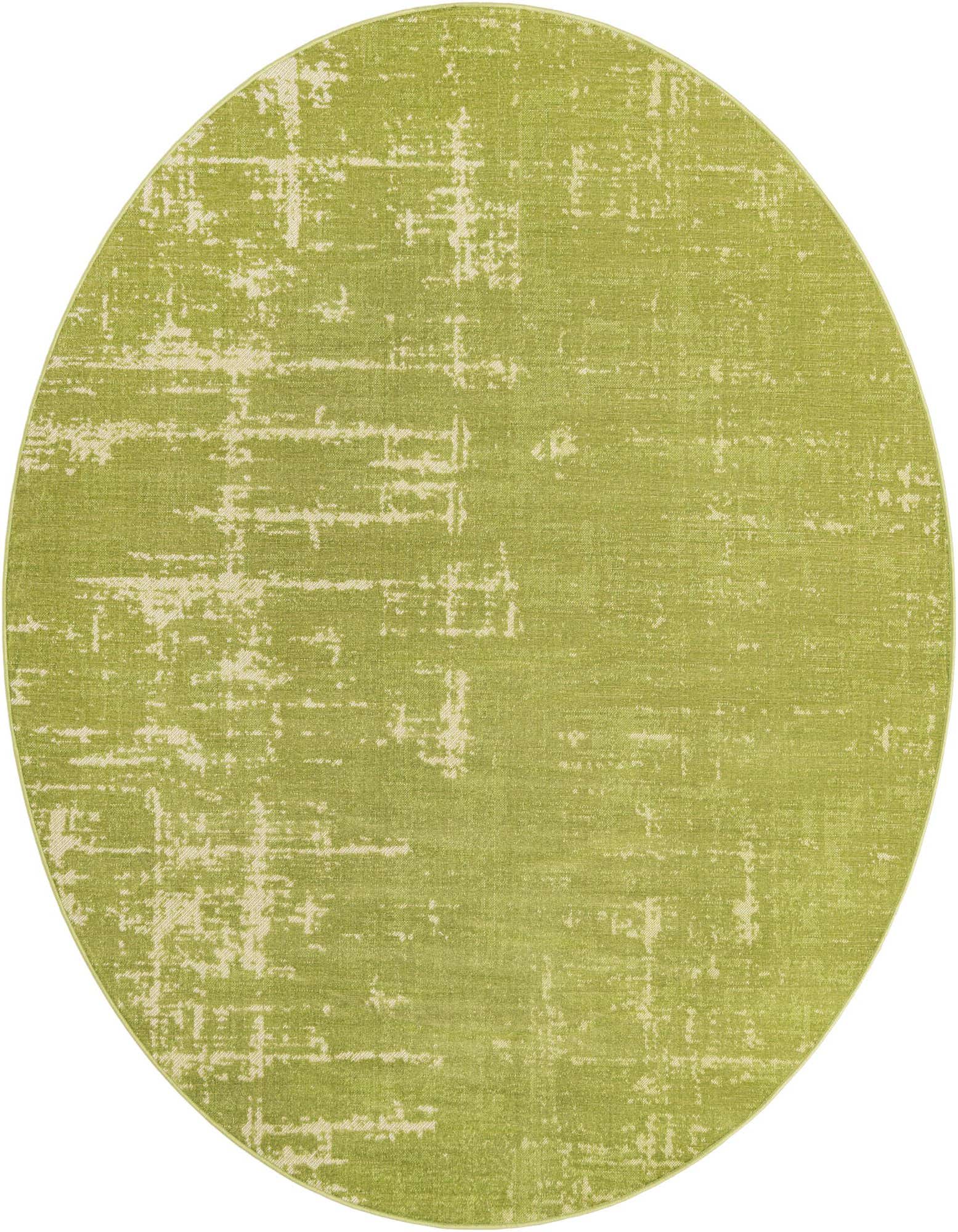 A 7' 10 round green modern rug with a distressed pattern, suitable for indoor spaces like a patio.
