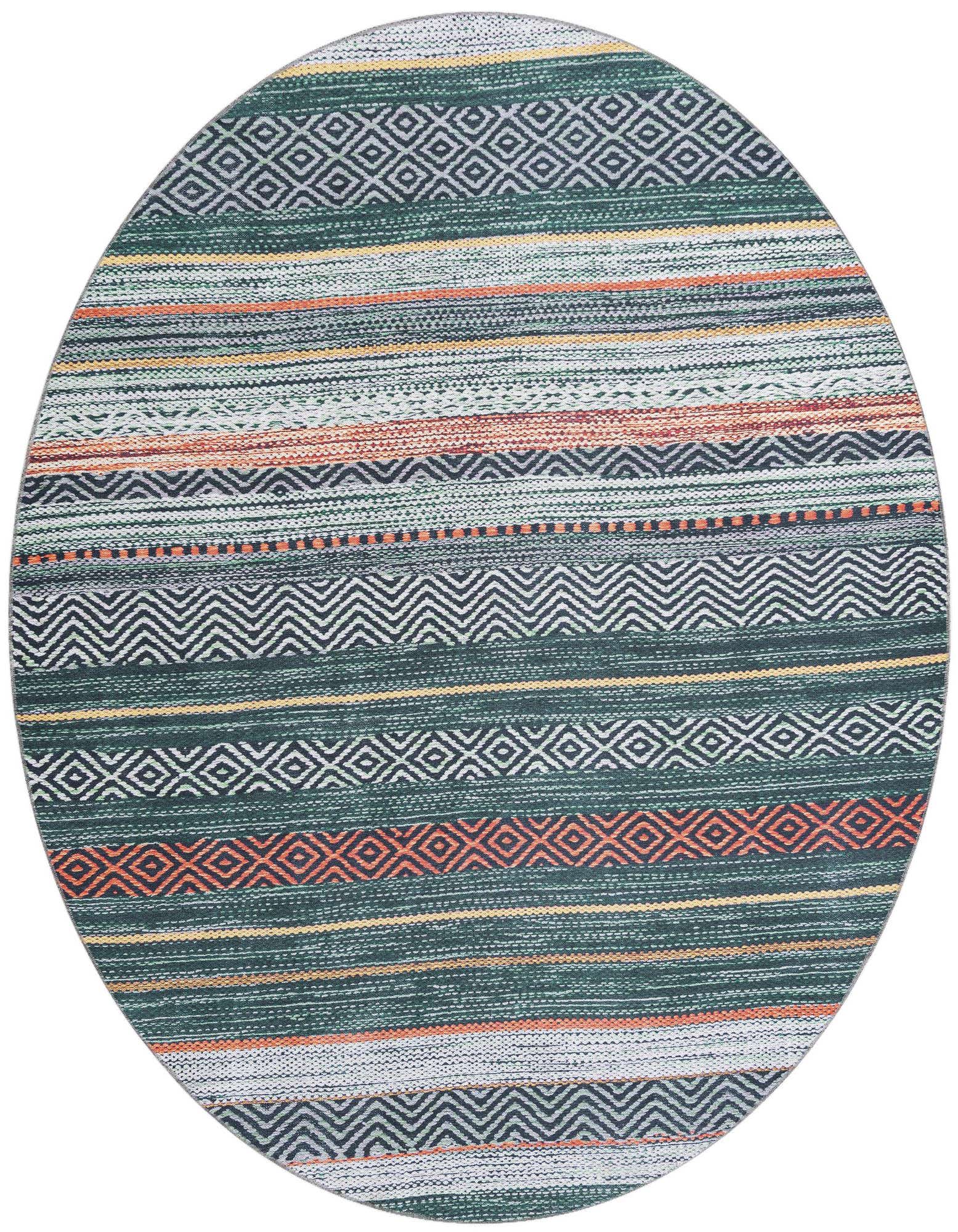 A round green coastal rug featuring horizontal stripes with various patterns like diamonds and zigzags in white, orange, and yellow.
