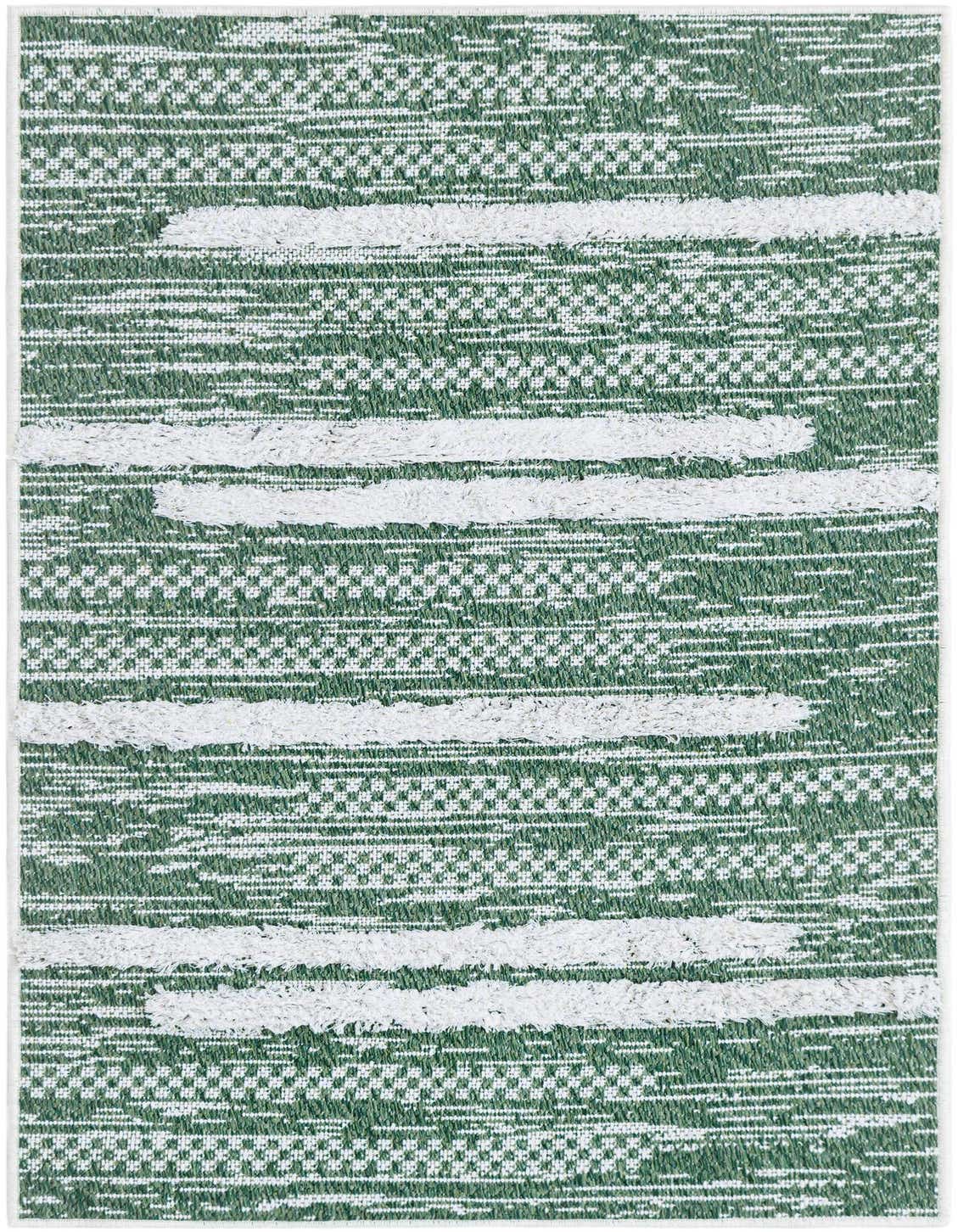 A 4 ft green and white cotton runner rug with a modern stripe pattern and textured high-low pile.