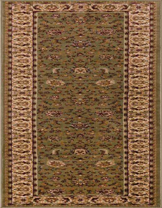 A 10 ft runner rug in shades of green with a traditional oriental floral pattern and a light beige border.