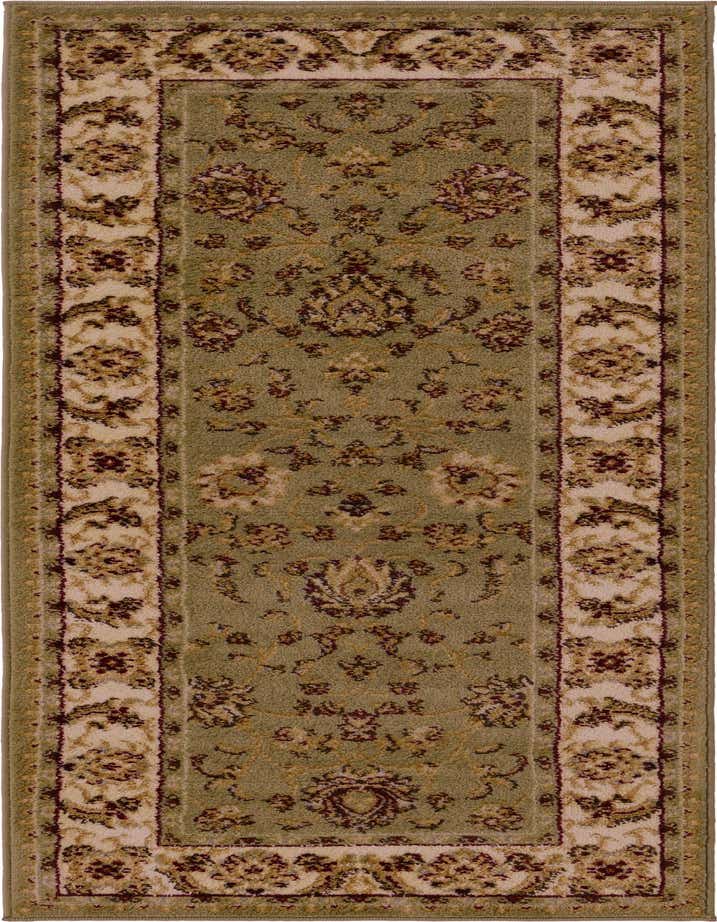 A 6 ft runner rug from the Aditi collection, featuring a traditional green background with oriental floral patterns and a cream border.