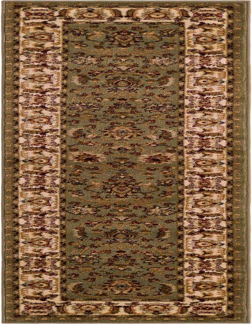 An 8 ft green runner rug with a traditional oriental floral pattern and a cream border, ideal for a hallway.