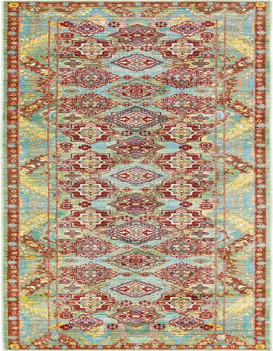A 10 ft runner rug in shades of green, red, and yellow, featuring a distressed bohemian and traditional medallion pattern, ideal for a hallway.