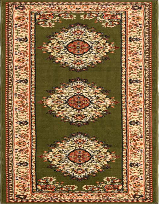A 10 ft runner rug in traditional Oriental style, featuring a green field with a cream and orange medallion pattern, perfect for a hallway.