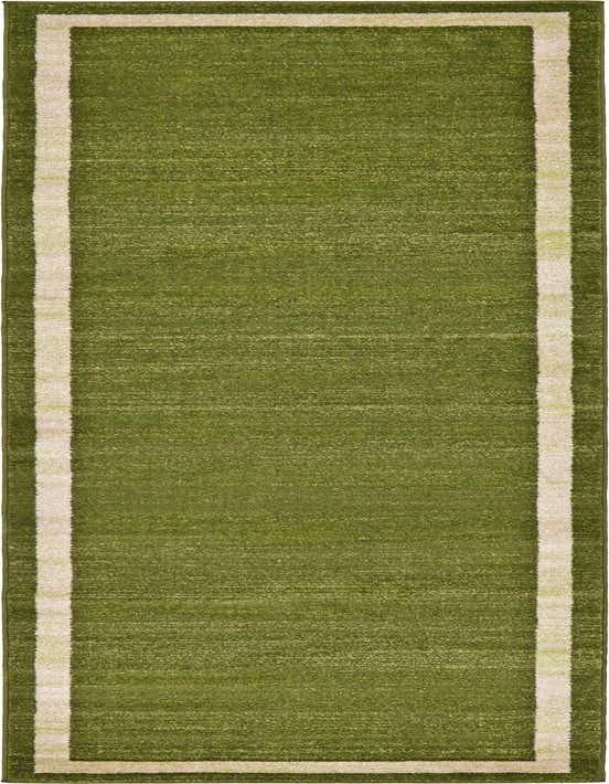 A 10 ft runner rug in a solid green color with a subtle light beige border, ideal for a hallway.