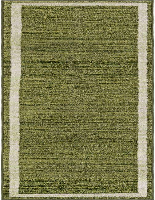 A long 8 ft runner rug in varying shades of green with a light cream border, perfect for a hallway or kitchen.