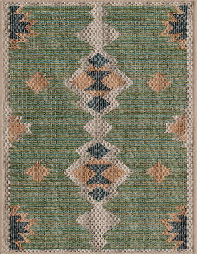A 6 ft runner rug featuring a Southwestern geometric pattern in shades of green, beige, and dark blue, suitable for indoor/outdoor use.