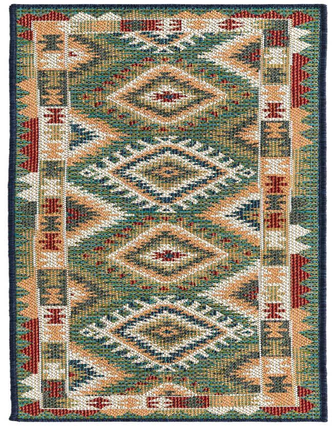 A 6 ft runner rug featuring a vibrant Southwestern tribal pattern in greens, oranges, and reds, ideal for a hallway or patio.