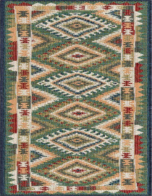 A vibrant 8 ft Southwestern runner rug in shades of green, orange, and red, featuring tribal geometric patterns.