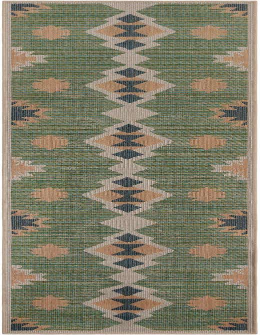 A 10 ft runner rug featuring a Southwestern geometric pattern in shades of green, tan, and dark blue, ideal for a hallway or patio.