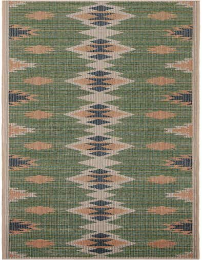 A 13 ft runner rug featuring a Southwestern pattern with green, beige, and navy tribal motifs, ideal for a hallway or patio.