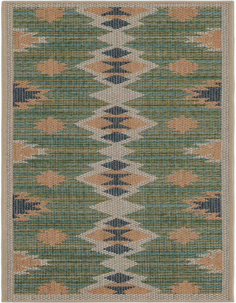 A 5 ft runner rug with a Southwestern tribal pattern in shades of green, teal, beige, and peach, suitable for indoor or outdoor use.