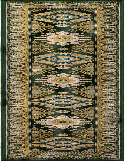 A 12 ft green runner rug with a modern pattern featuring gold, teal, and cream accents, suitable for a hallway or patio.