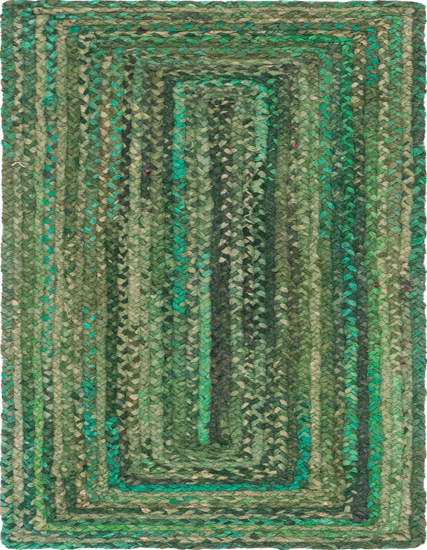 A 6 ft runner rug from the Rugs.com Braided Chindi collection, featuring a textured, braided pattern in various shades of green, ideal for a hallway.
