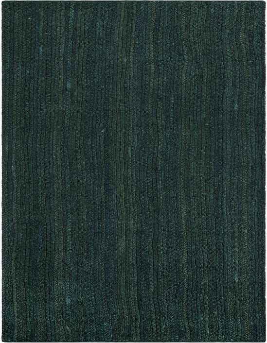 A 10 ft runner rug in a deep green hue, featuring a textured, braided jute weave, perfect for a hallway.
