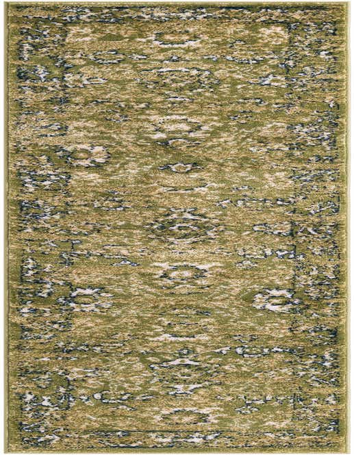 A long 8 ft runner rug in shades of green, beige, and dark blue with a distressed, abstract pattern, ideal for a hallway or kitchen.