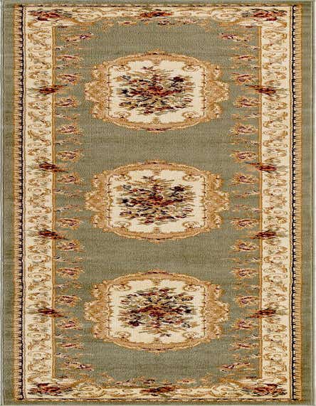 A 12 ft runner rug in traditional sage green with cream borders, featuring botanical and medallion patterns, ideal for hallways.