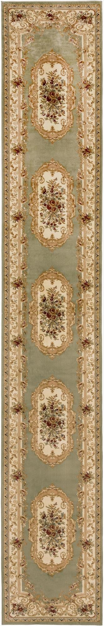 A long 20 ft green runner rug with a traditional medallion pattern and floral motifs in cream and gold.