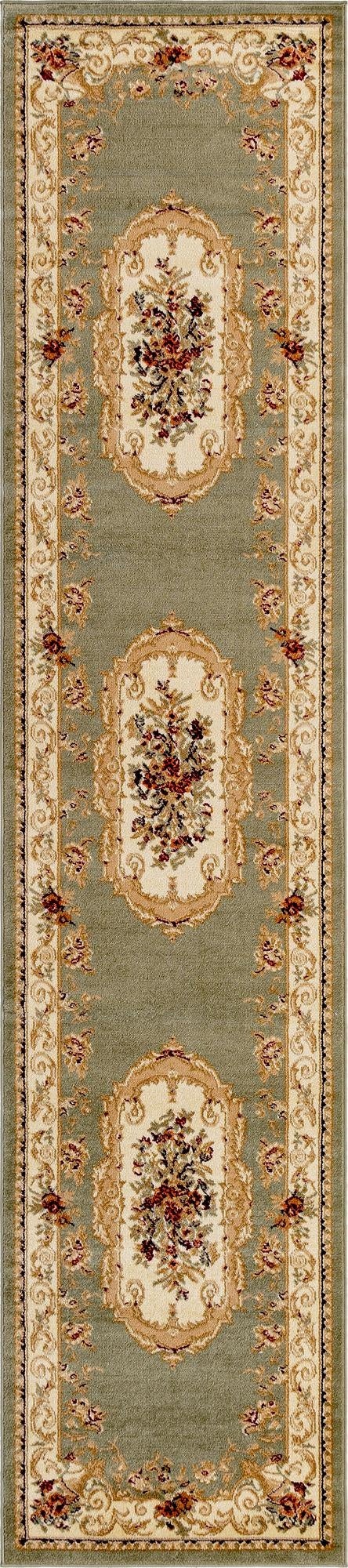 A 12 ft runner rug in traditional sage green with cream borders, featuring botanical and medallion patterns, ideal for hallways.