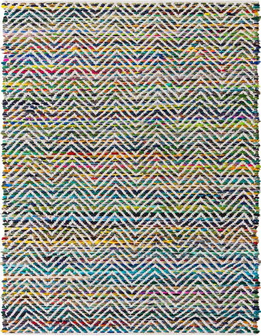 A 10 ft runner rug with a vibrant, multicolored chevron pattern, featuring greens, blues, yellows, and reds, ideal for a hallway.