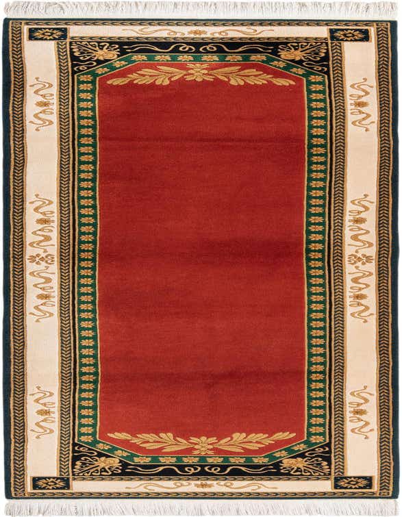A 10 ft Darya runner rug featuring a deep red center, bordered by intricate green, gold, and cream Persian-style patterns, ideal for a hallway.