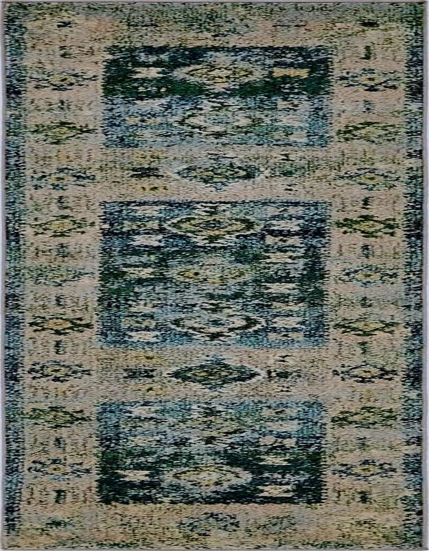 A 7 ft runner rug in shades of green, blue, and beige with a distressed Bohemian tribal pattern, ideal for a hallway.